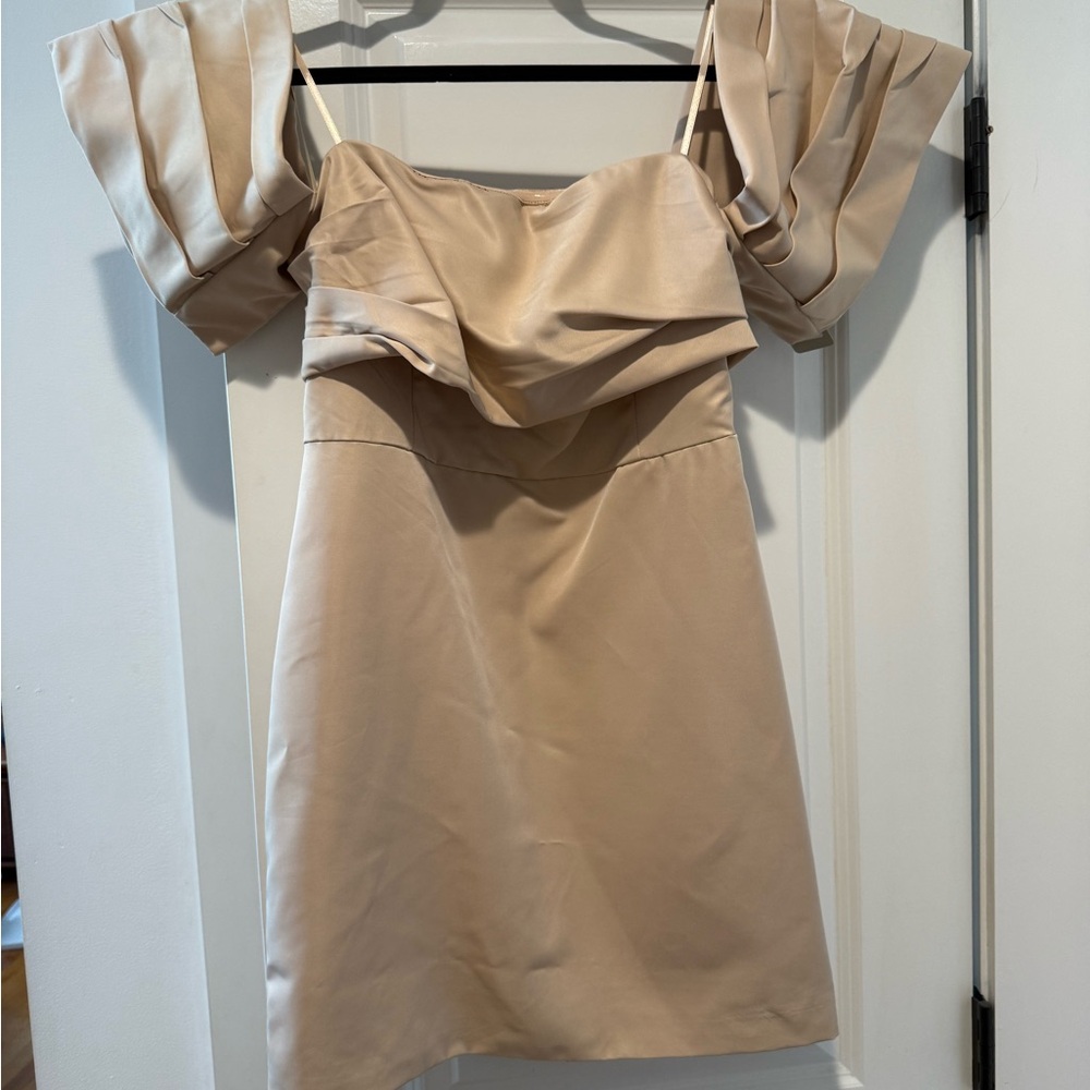 Lizard Thicket Beige Off-Shoulder Mini Dress